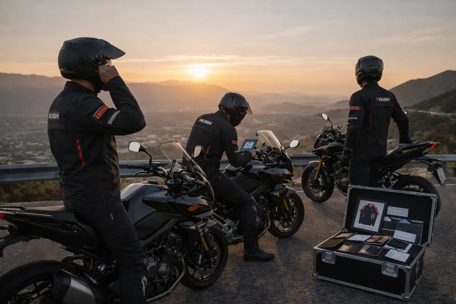 riders enjoy sunset from mountain road