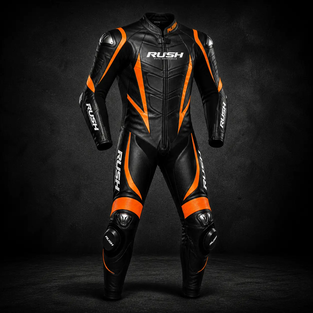 rush apexpro leather racing suit black orange