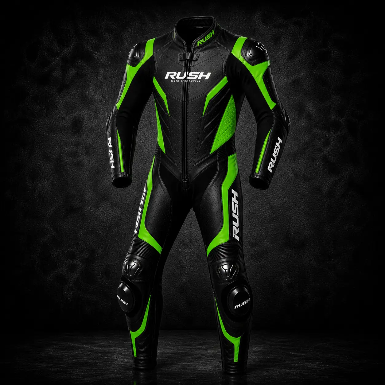 rush protrack leather racing suit black green