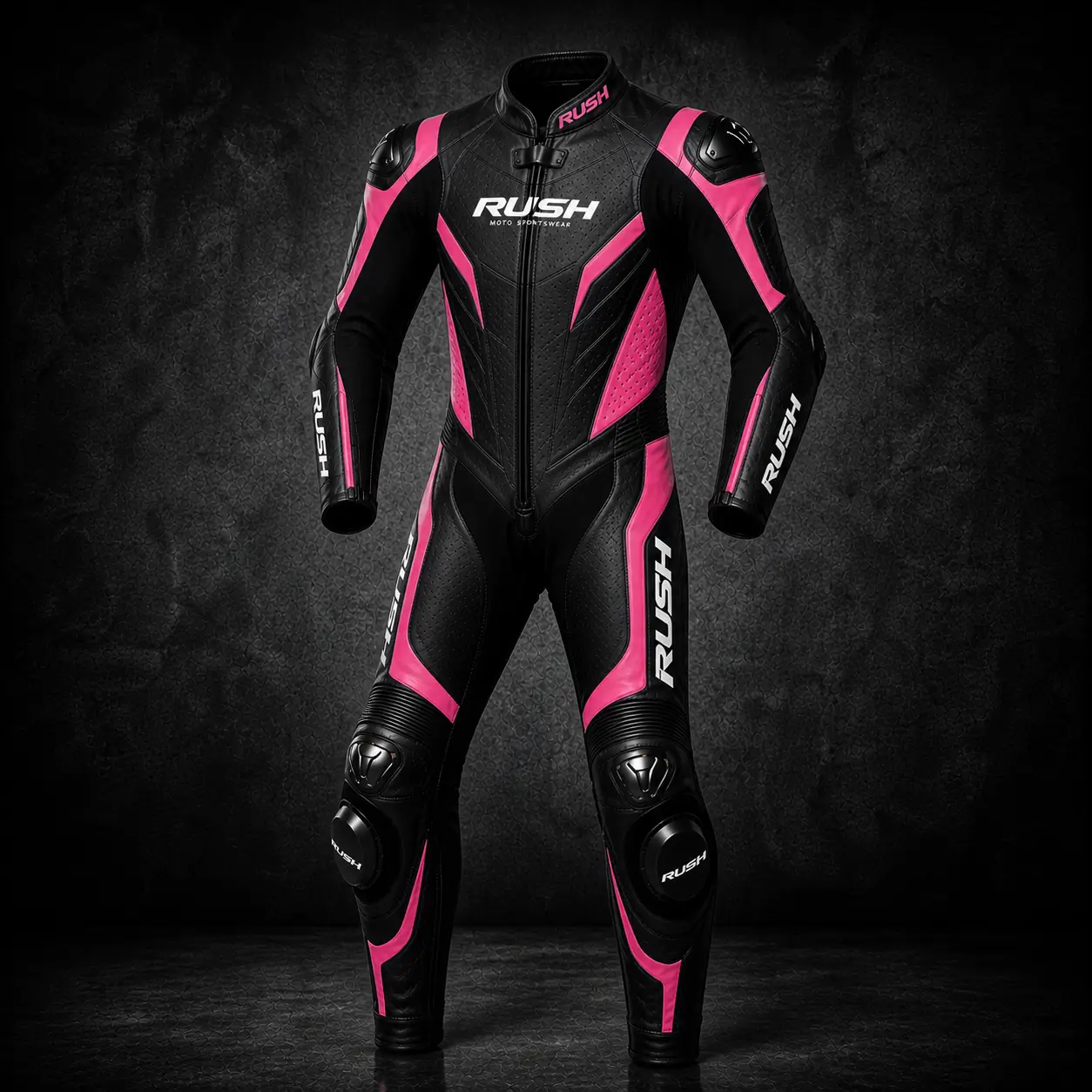 rush protrack leather racing suit black pink