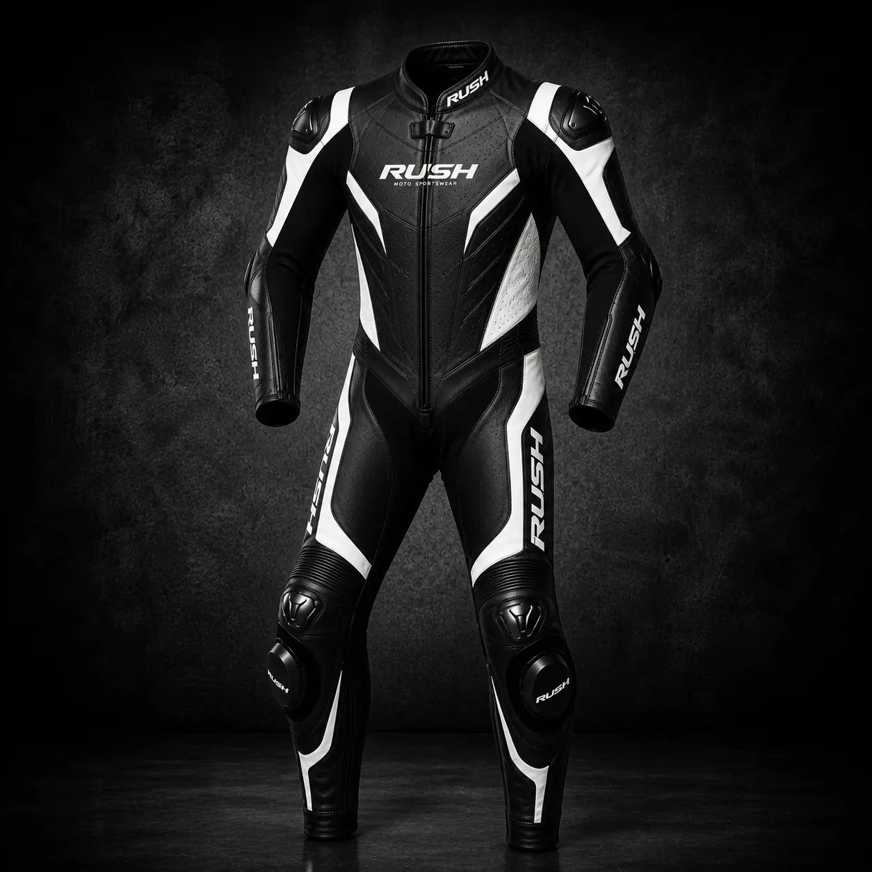 rush protrack leather racing suit black white