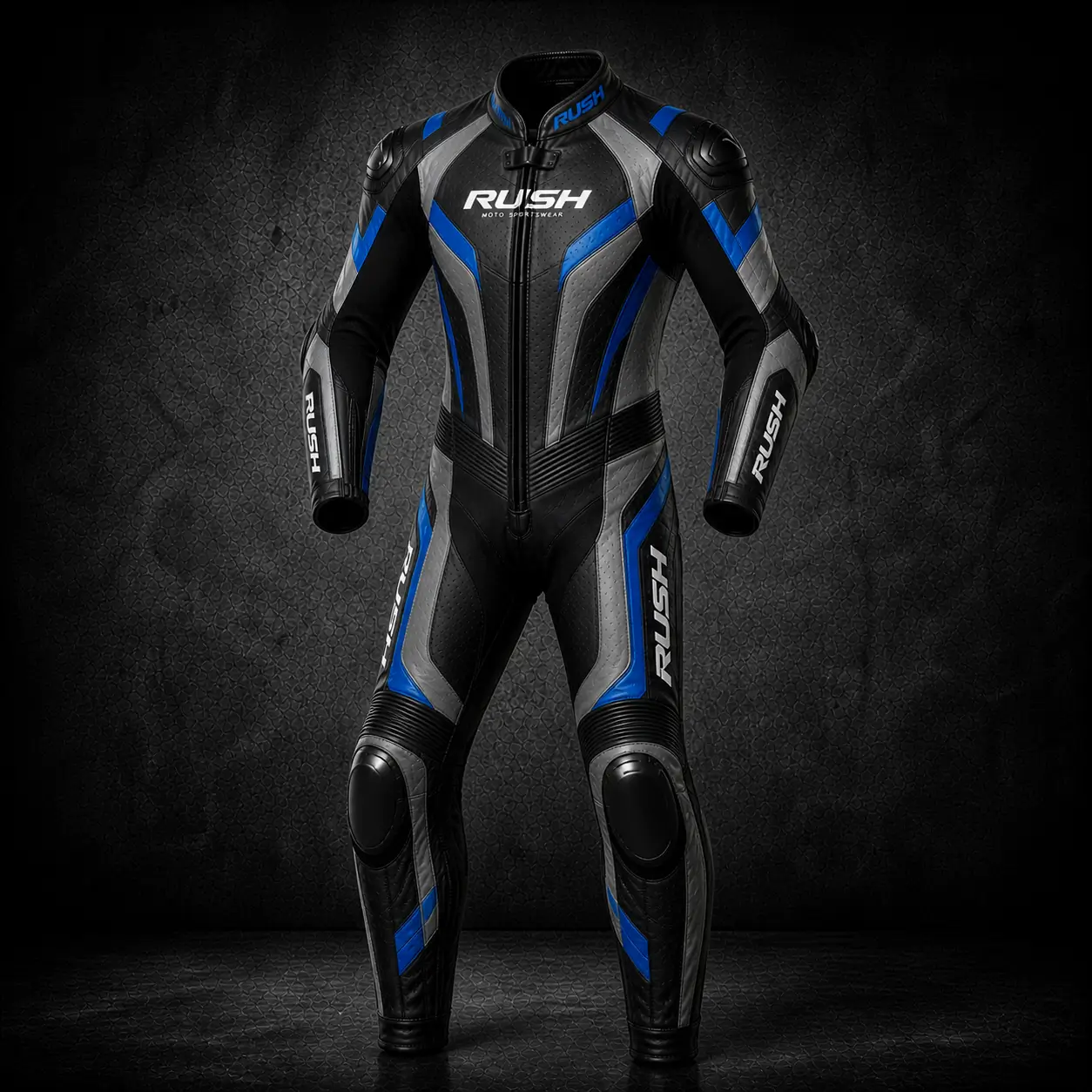 rush sportedge leather racing suit black grey blue