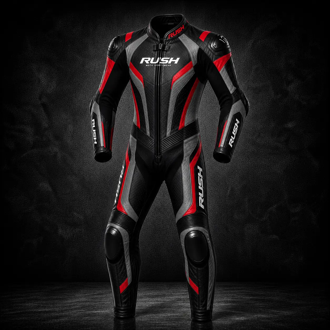 rush sportedge leather racing suit black grey red