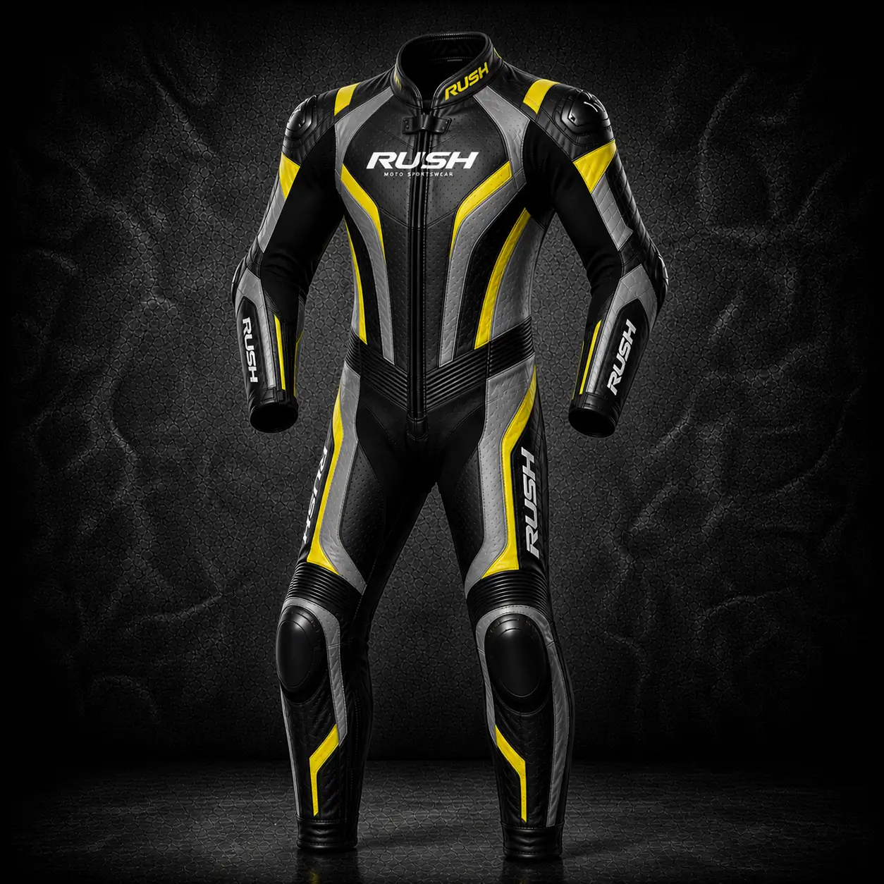 rush sportedge leather racing suit black grey yellow