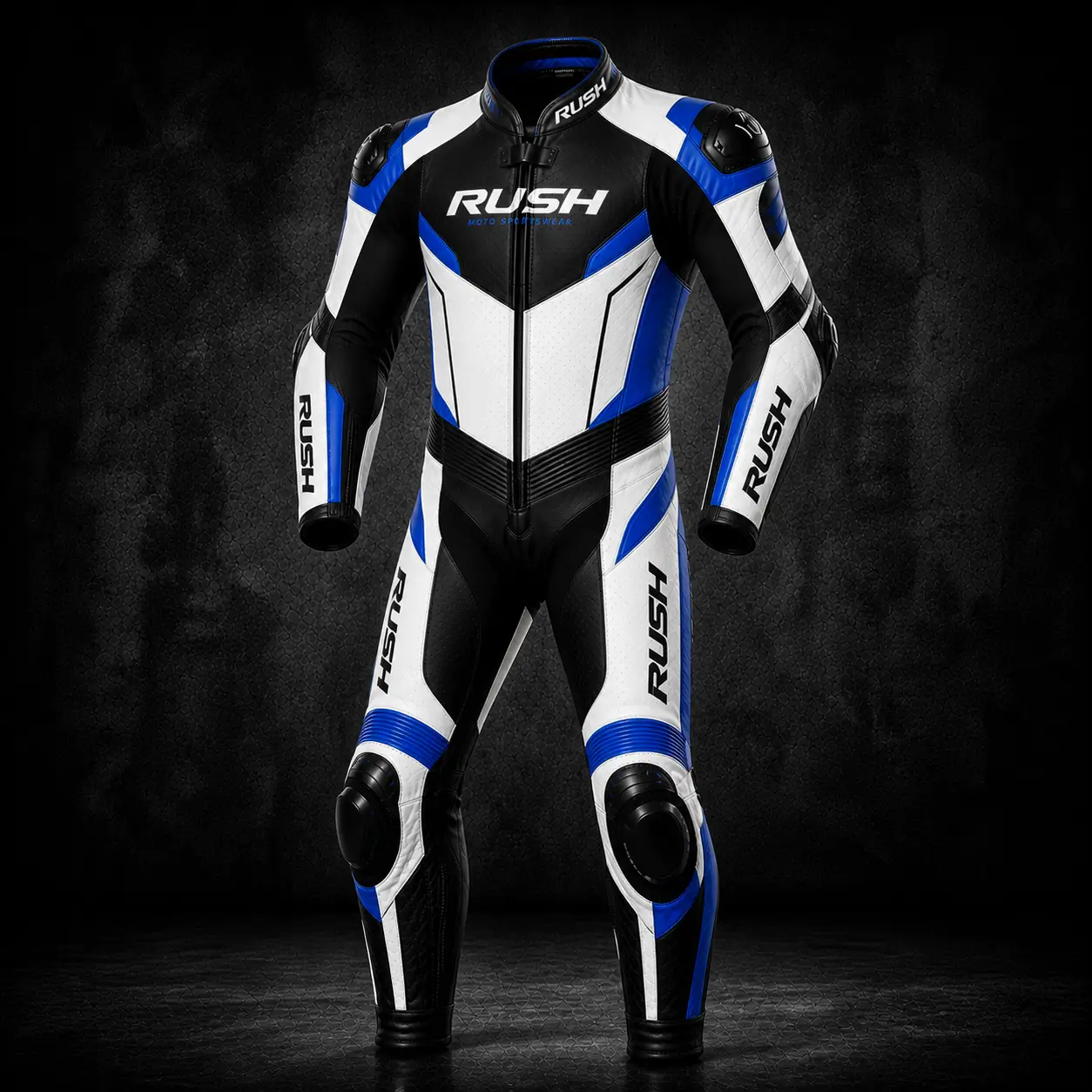 rush trackpro leather racing suit black white blue