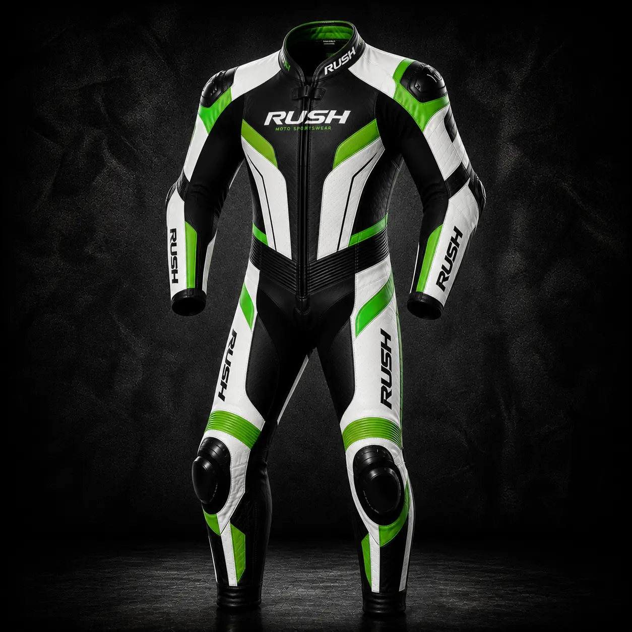 rush trackpro leather racing suit black white green