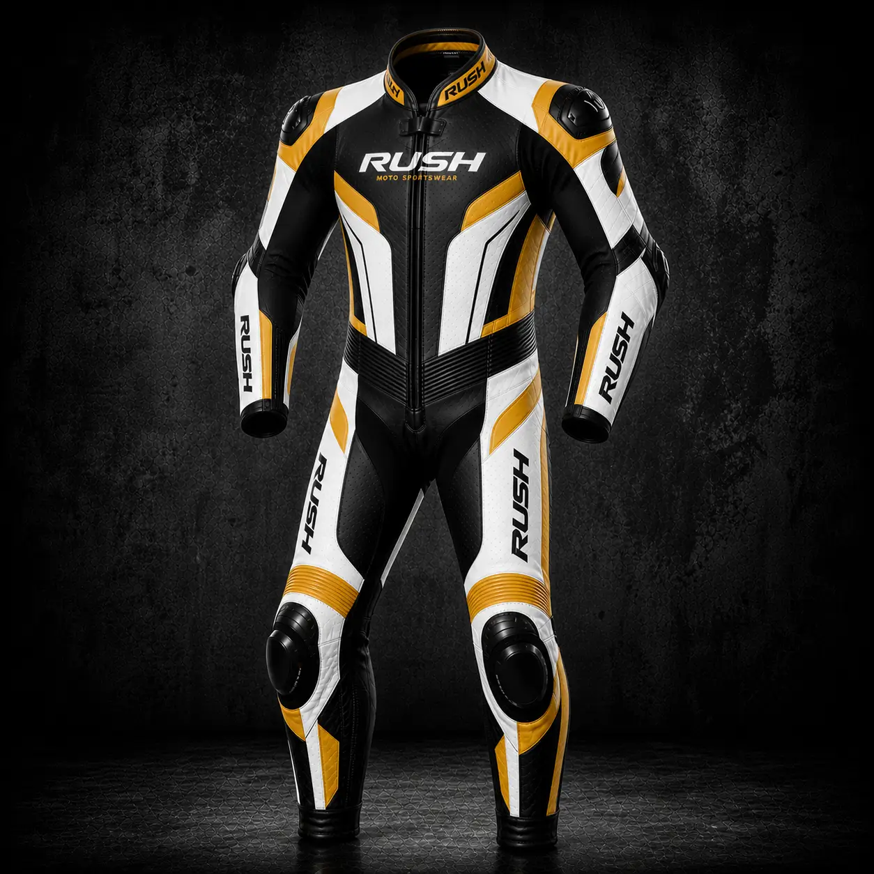 rush trackpro leather racing suit black white mustard