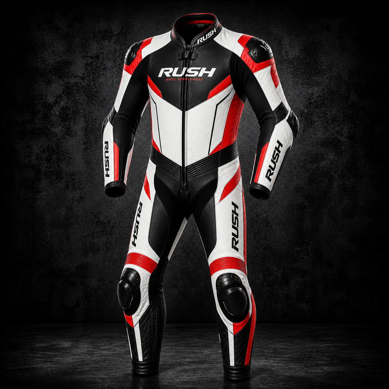 rush trackpro leather racing suit black white red